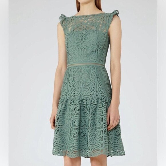 Reiss Herrera Cap Sleeve Lace Dress green fit and flare knee length ruffle 0 - Picture 1 of 16